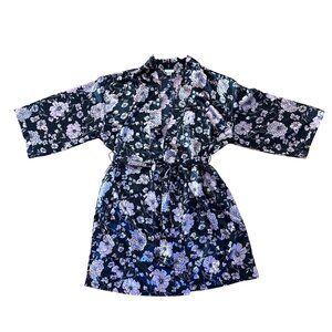Versailles Robe Floral Satiny Kimono  With Belt Womens XL Black Pink